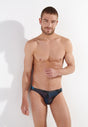 Front view of a men model wearing HO navy print modal/viscose/tencel Comfort Micro Briefs