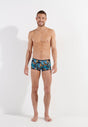 Full-body view of a men model wearing HO blue print  Trunk