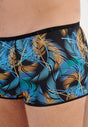 Close-up view of a men model wearing HO blue print  Trunk