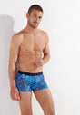 Front view of a men model wearing HO blue print  Boxer Briefs