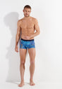 Full-body view of a men model wearing HO blue print  Boxer Briefs