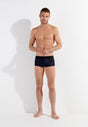 Full-body view of a men model wearing HO black print  Trunk