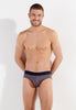 Front view of a men model wearing HO navy print cotton Comfort Briefs