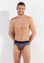 Front view of a men model wearing HO navy print cotton Comfort Briefs