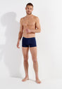 Full-body view of a men model wearing HO navy/navy stripes cotton Boxer Briefs 2p