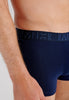 Close-up view of a men model wearing HO navy/navy stripes cotton Boxer Briefs 2p
