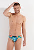 Front view of a men model wearing HO turquoise print  Swim Mini Briefs
