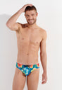 Front view of a men model wearing HO turquoise print  Swim Mini Briefs