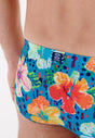 Close-up view of a men model wearing HO turquoise print  Swim Mini Briefs
