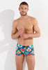 Front view of a men model wearing HO turquoise print  Swim Shorts