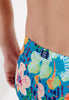 Close-up view of a men model wearing HO turquoise print  Swim Shorts