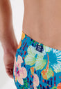 Close-up view of a men model wearing HO turquoise print  Swim Shorts