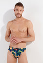 Front view of a men model wearing HO navy print  Swim Mini Briefs
