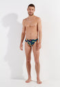 Full-body view of a men model wearing HO navy print  Swim Mini Briefs