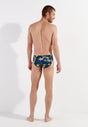General view of a men model wearing HO navy print  Swim Mini Briefs