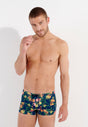 Front view of a men model wearing HO navy print  Swim Shorts