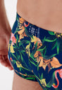Close-up view of a men model wearing HO navy print  Swim Shorts