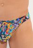 Close-up view of a men model wearing HO multico print  G-String