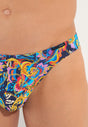 Close-up view of a men model wearing HO multico print  G-String