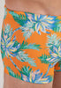 Close-up view of a men model wearing HO orange print  Swim Shorts