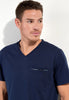 Close-up view of a men model wearing HO navy print cotton Short Sleepwear