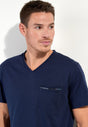 Close-up view of a men model wearing HO navy print cotton Short Sleepwear