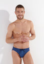 Front view of a men model wearing HO navy print  Swim Mini Briefs