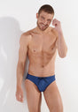 General view of a men model wearing HO navy print  Swim Mini Briefs