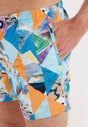 Close-up view of a men model wearing HO blue print  Beach Boxer