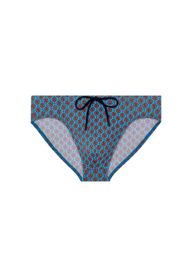 Front cutout view of HO turquoise print  Swim Mini Briefs