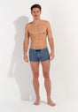 Full-body view of a men model wearing HO turquoise print  Swim Shorts