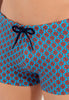 Close-up view of a men model wearing HO turquoise print  Swim Shorts