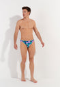 Full-body view of a men model wearing HO navy print  Swim Micro Briefs