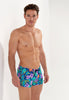 Front view of a men model wearing HO navy print  Swim Shorts