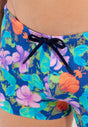 Close-up view of a men model wearing HO navy print  Swim Shorts