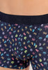 Close-up view of a men model wearing HO multico print modal/viscose/tencel Boxer Briefs HO1