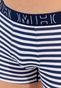 Close-up view of a men model wearing HO navy print/navy/navy cotton Boxer Briefs 3p