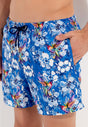 Close-up view of a men model wearing HO blue print  Beach Boxer