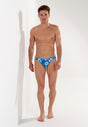 Full-body view of a men model wearing HO blue print  Swim Micro Briefs