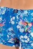 Close-up view of a men model wearing HO blue print  Swim Shorts