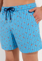 Close-up view of a men model wearing HO turquoise print  Beach Boxer