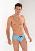 Front view of a men model wearing HO turquoise print  Swim Mini Briefs