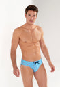 Front view of a men model wearing HO turquoise print  Swim Mini Briefs