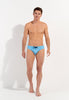 Full-body view of a men model wearing HO turquoise print  Swim Mini Briefs