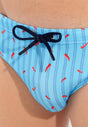 Close-up view of a men model wearing HO turquoise print  Swim Mini Briefs