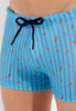 Close-up view of a men model wearing HO turquoise print  Swim Shorts