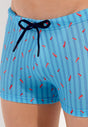 Close-up view of a men model wearing HO turquoise print  Swim Shorts