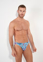 Front view of a men model wearing HO turquoise print  Comfort Micro Briefs