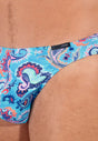 Close-up view of a men model wearing HO turquoise print  Comfort Micro Briefs