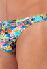 Close-up view of a men model wearing HO orange print  G-String